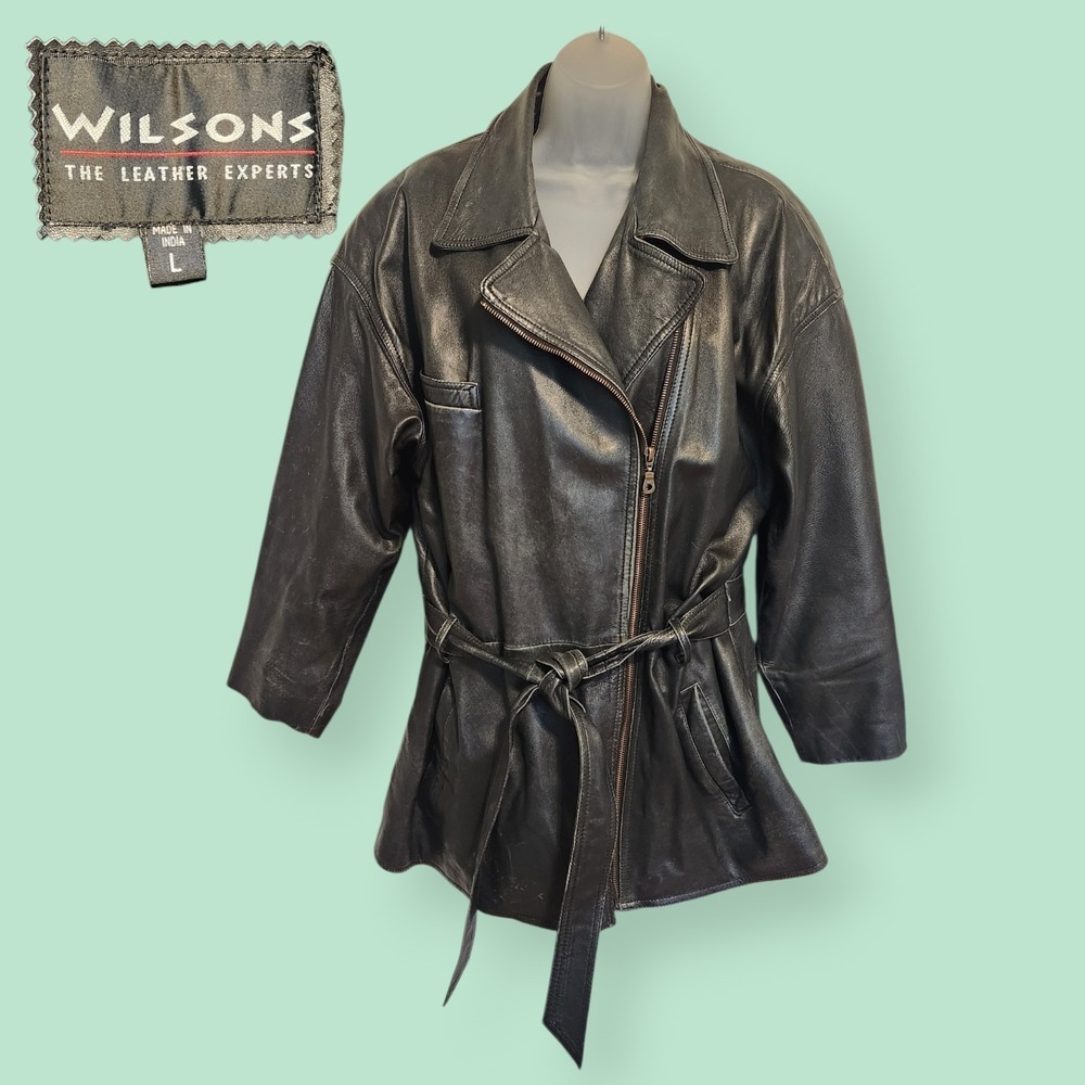 VTG Wilsons Thinsulate Leather Jacket L Black Belted Asymmetrical  Trench Coat